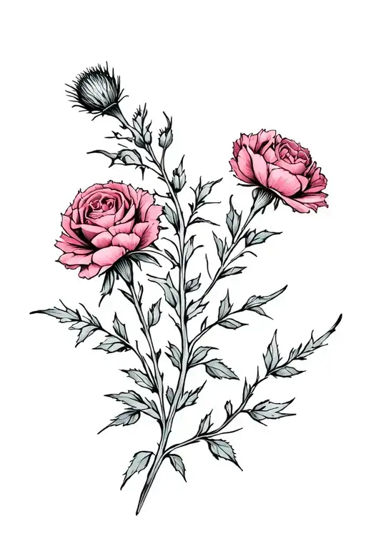 Carnations Roses Thistle Flower Spine Tattoo Design Small Simple