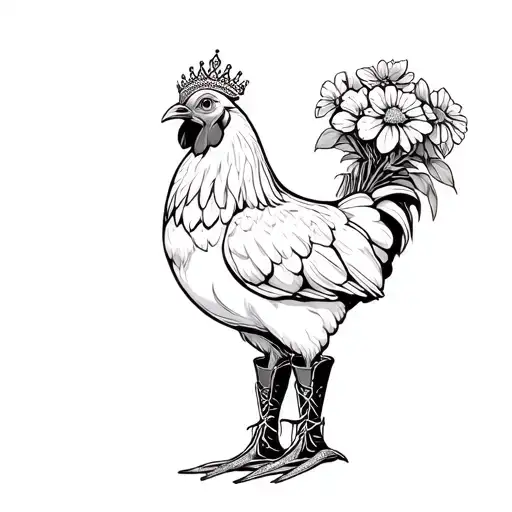 Hen Wearing Boots With Tiara And Holding A Flower Bouquet