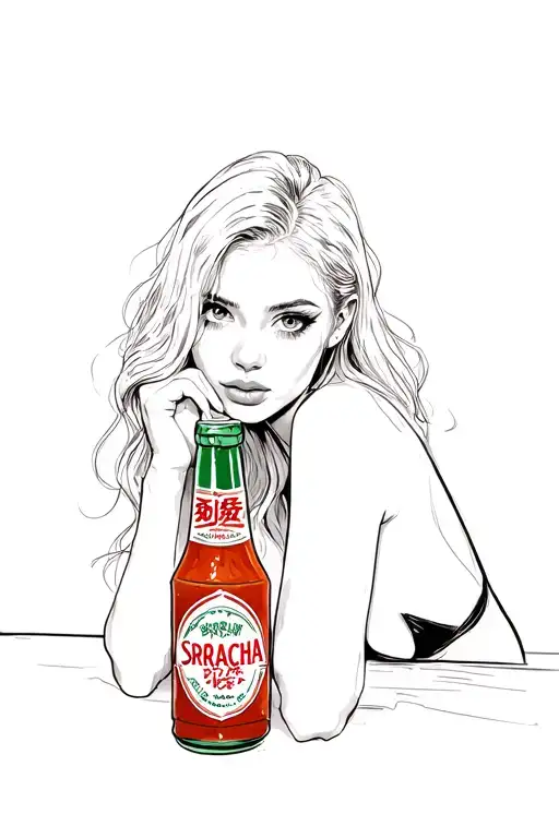 Seductive Girl Leaning Against A Sriracha Hotsauce Bottle