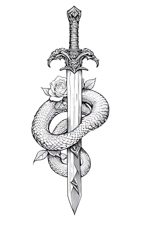 Snake With Dagger And Roses Intertwined