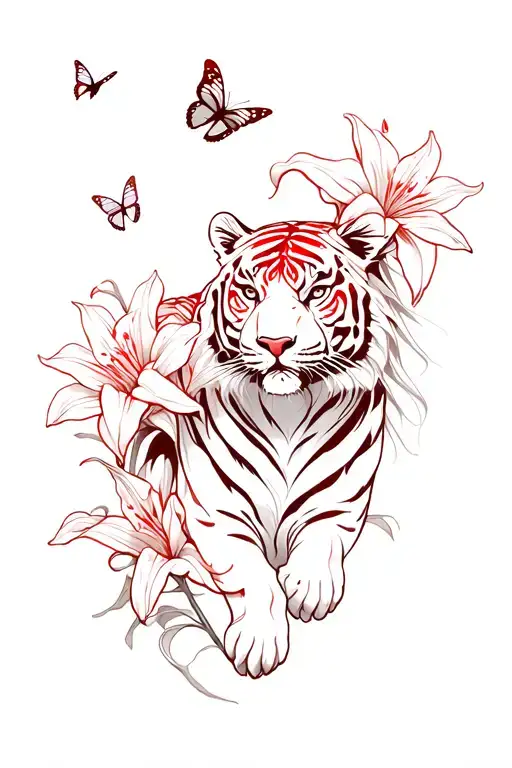 Red Tiger With Spider Lilies And Butterflies Fluttering