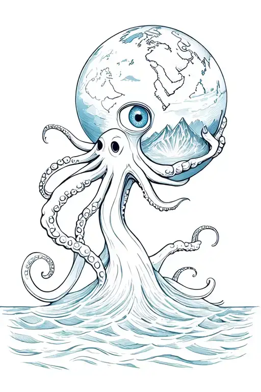 One Eyed Octopus Holding Al Globe With Sea And Mountains In It