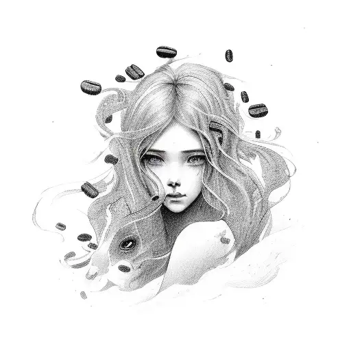 A Girl With Flowing Hair Made Of Coffee Beans And Surrounded By Animals