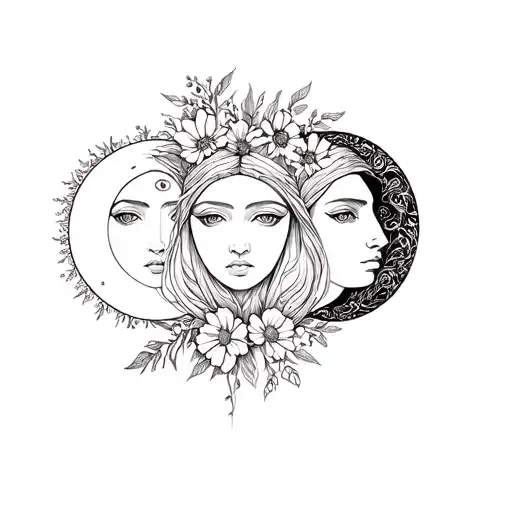 Triple Face Goddess Moon Phases With Wild Flowers Weaving Through