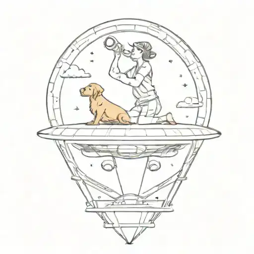 A Dog And Woman Being Lifted Up Into A Ufo