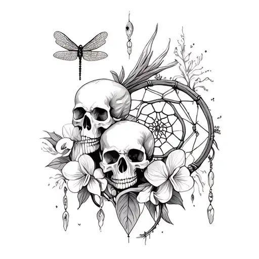 Skulls And Orchids And Moon And Dragon Fly And Dream Catcher