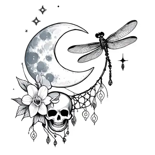 Moon And Orchid And Stars And Dragon Fly And Dream Catcher And Skull