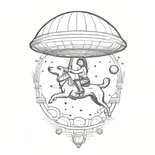 A Dog And Woman Being Lifted Up Into A Ufo Hovering
