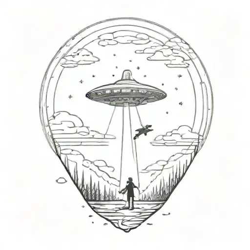 Silhouette Of A Dog And Woman Being Abducted By A Ufo