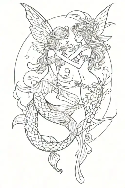 Fairy And Mermaid Reaching For Eachother Simple Line Drawing