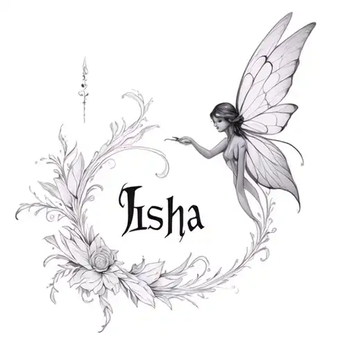Fairy At The Top Of Name Isha Name Tatoo
