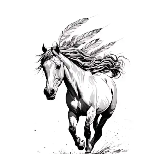 Wild Mustang Horse With Feathers In His Hair Running