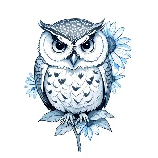 Owl Holding Morning Glory And Aster Flowers