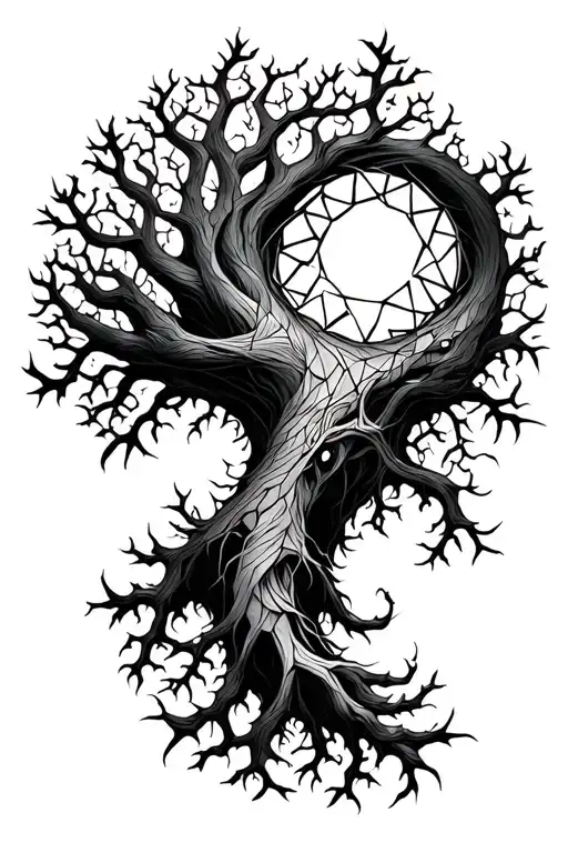 Yggdrasil Tattoo On Shoulder To Elbow Spiraling Polygons