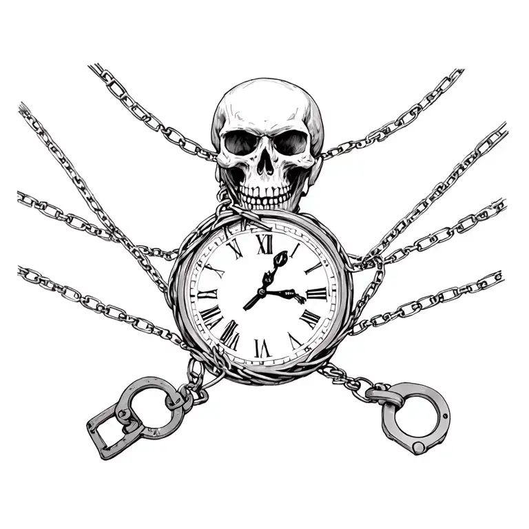 Skulls Wrapped In Chains And A Broken Clock With Hand Cuffs