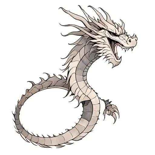 The Japanese Dragon Is Long With A Woolen Mane Looks To The Left Around The Watercolor Smelter