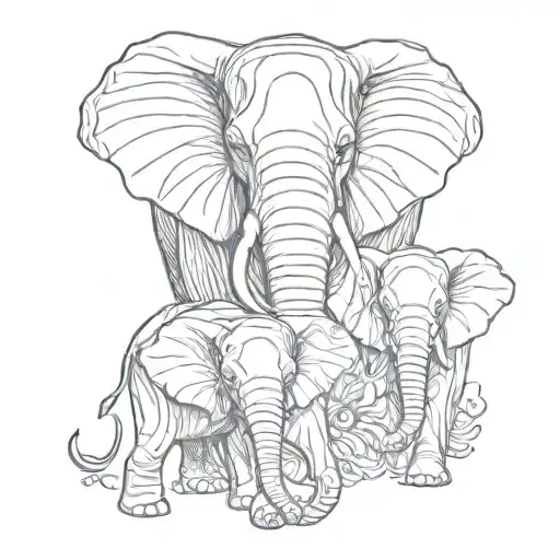 Mama Elephant And Twin Baby Elephants Tattoo Fine Line Animated