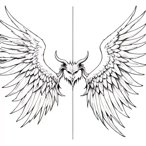 Right Side Demon And Left Side Angel Wings Spread Wide