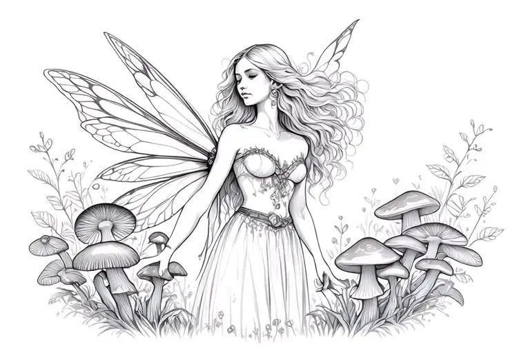 Female Fairy With Mushrooms And Flowers