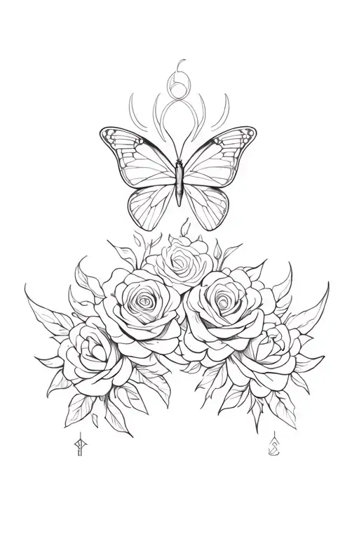 Tribal Tattoo With A Butterfly Adorned With Roses In The Middle With Symbols On The Sides