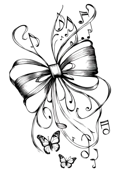 A Small Flowy Bow With Music Notes Making Up One Strand And Having Butterflies Incorporated As Well