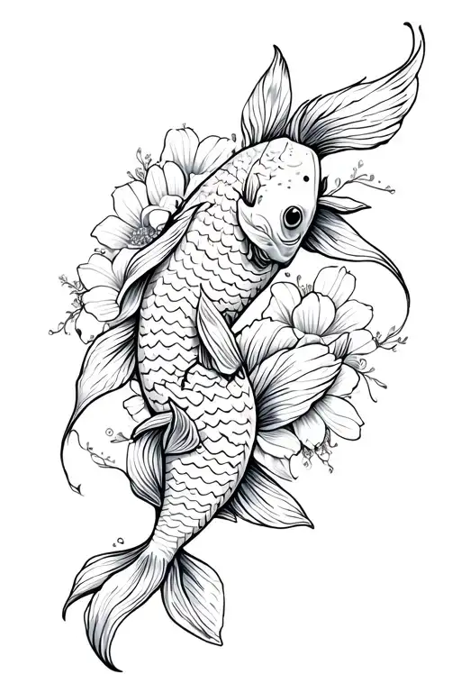 Koi Fishes Swimming Intertwined With Flowers Spine