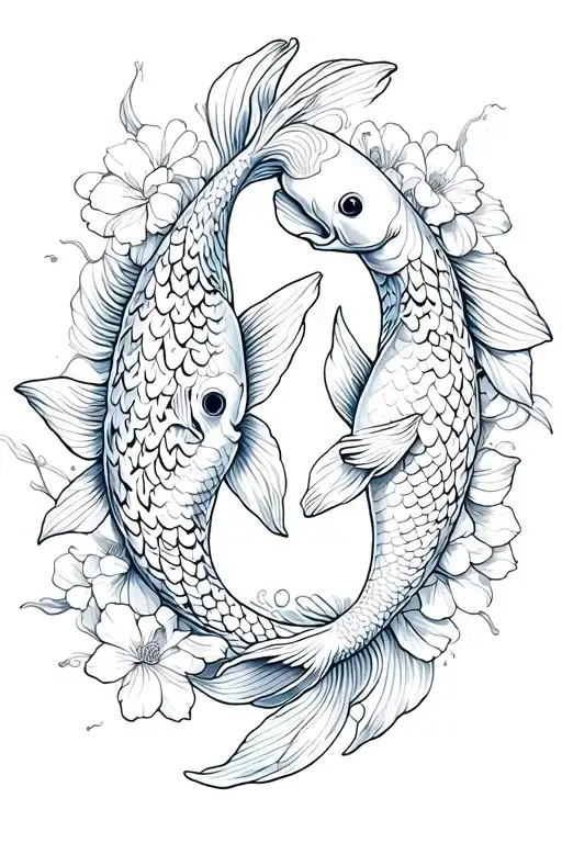 2 Koi Fishes Swimming Intertwined With Flowers Spine
