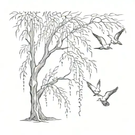 Weeping Willow Tree Birds Flying Away