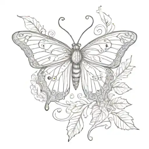 A Sketch Of A Butterfly Made Up Of Intricate Plant And Leaf Patterns