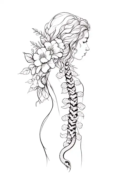Snake And Flowers Down Woman's Spine
