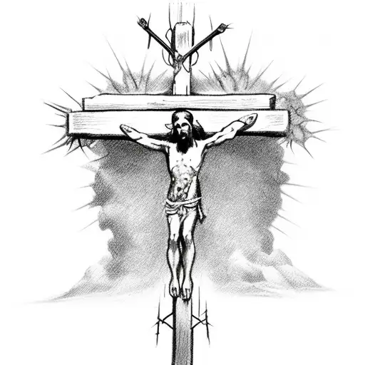 Jesus Hanged On The Cross Wearing Crown Of Thorns And Impaled By A Spear In His Side