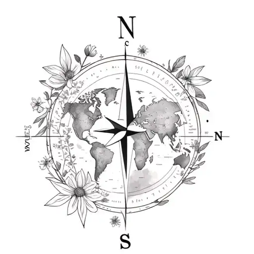Compass With Flowers And World Map Cute One Line