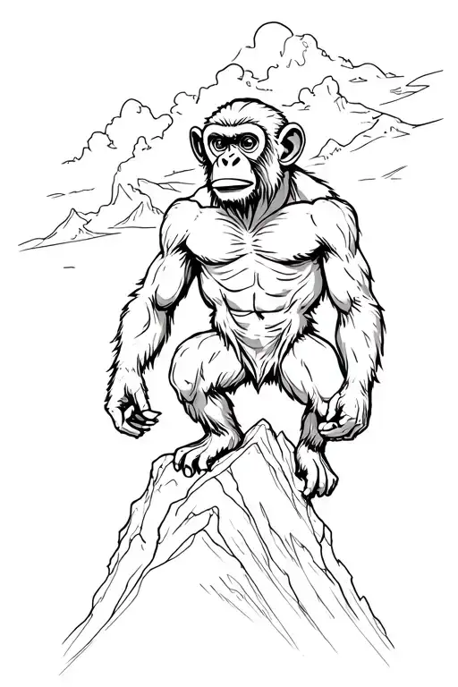 An Absurd Monkey Standing On The Top Of A Mountain