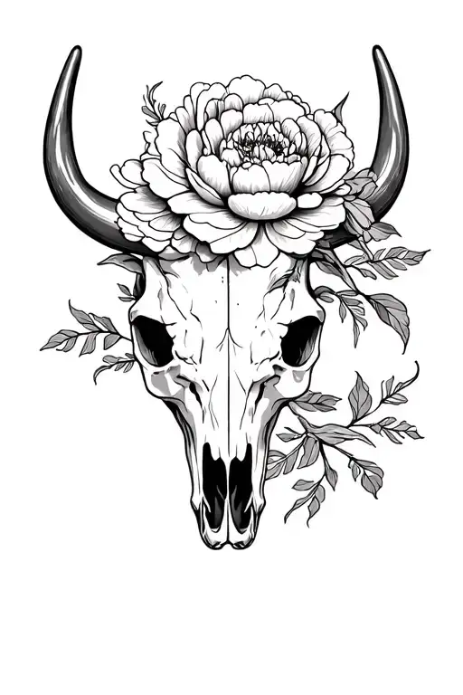 Bull Skull And Peony Flowers Intertwined
