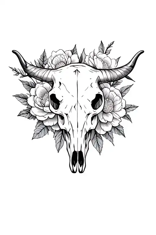 Half Bull Skull And Peony Flowers Intertwined Within