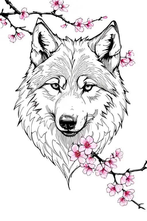 Wolf Head With Cherry Blossoms