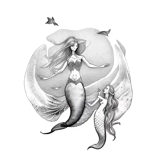 Mermaid And Fairy Flying Above Touching Fingers