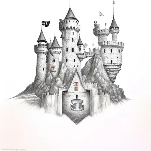 A Medieval Castle Made Of Books With A Cheshire Cat Perched On Top