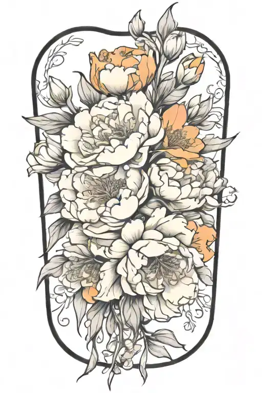 A Peony And Larkspur Bouquet Intertwined With Paintbrushes And Splashes Of Orange Paint