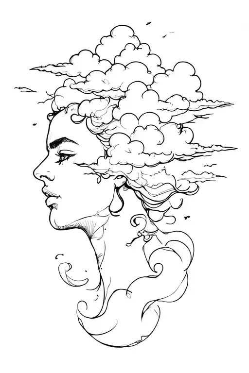 Tattoo Facing The Right With Clouds And Cursive Font