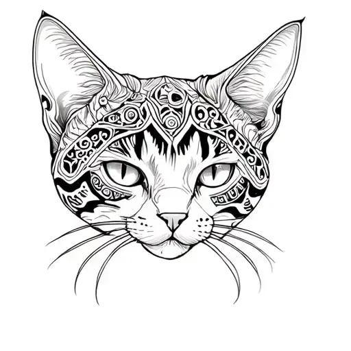 Tribal -Haired Cat Head With Sea Turtle