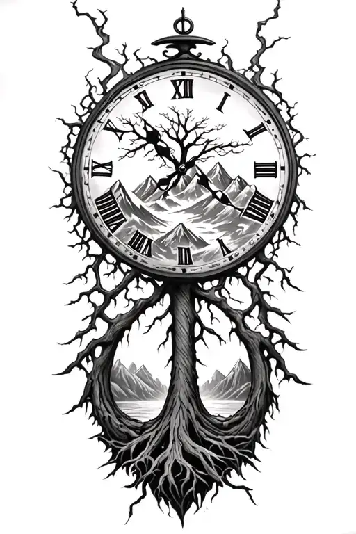 Tree Clock Lightning Mountains