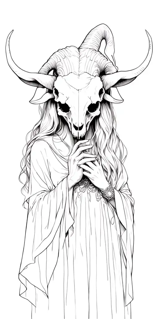 Witch With Goat Skull Wearing On Top Of Her Head Not Covering Her Face