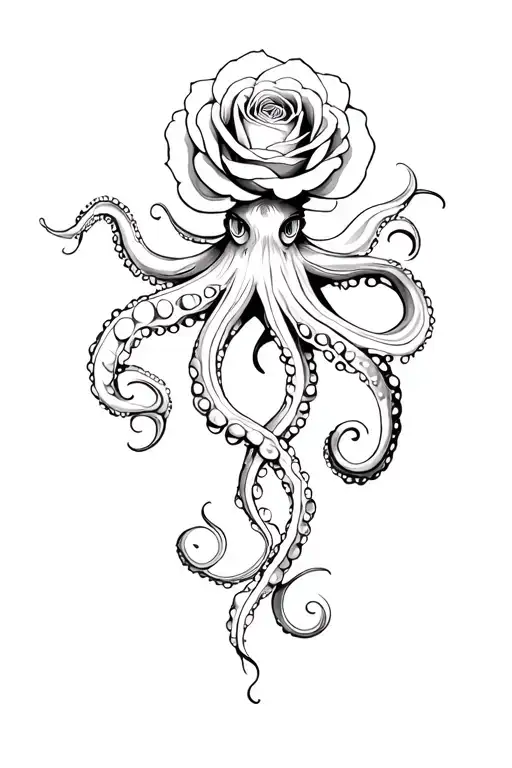 Octopus And Rose Intertwined Black Withe