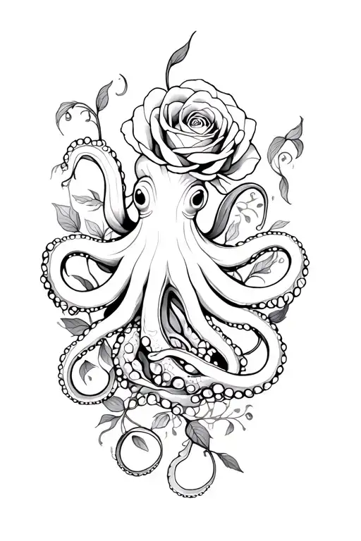 Octopus And Rose Intertwined Black Withe