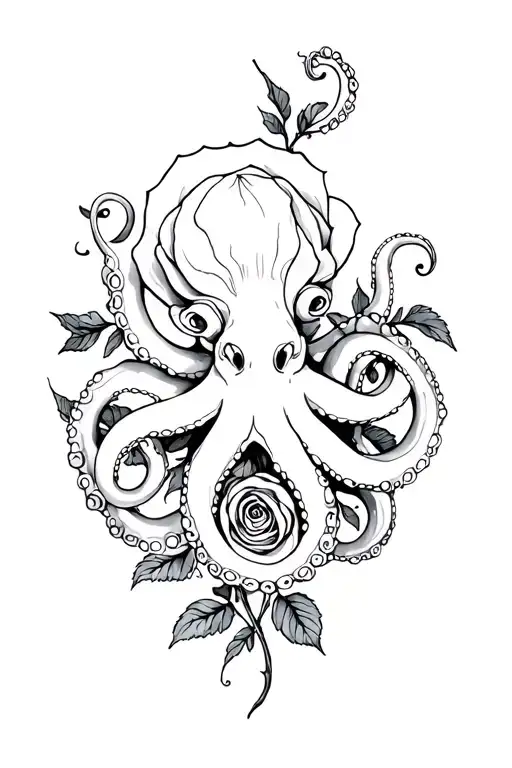 Octopus And Rose Intertwined Black Withe