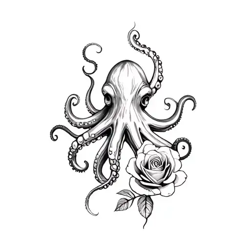 Octopus And Rose Intertwined Black Withe