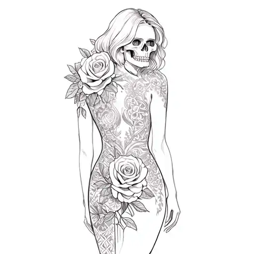A Woman With A Tattoo Of Roses And A Skull