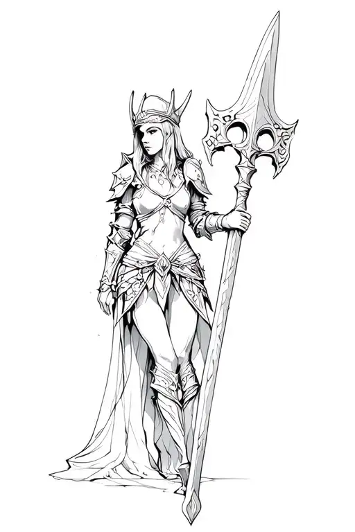 Valkarie Woman With Minimal Armour And A Decorative Helm Leaning Against A Massive Claymore