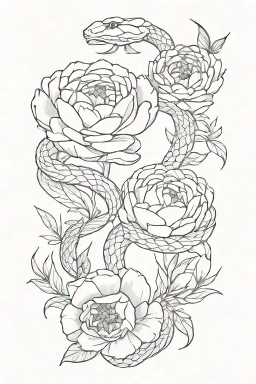Two Snakes Wraped And Peonies Flower Tattoo Design